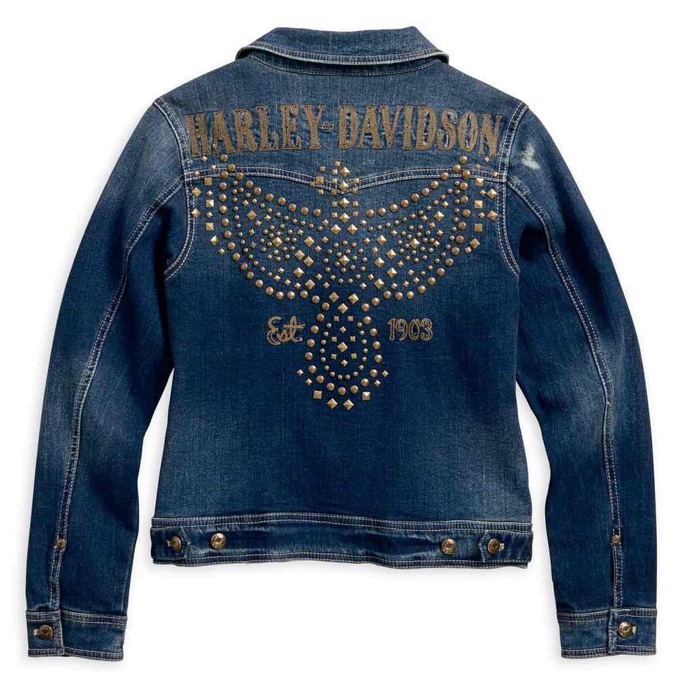 Harley Davidson Womens Studded Eagle Denim Jacket, Indigo Blue, Large EUC
